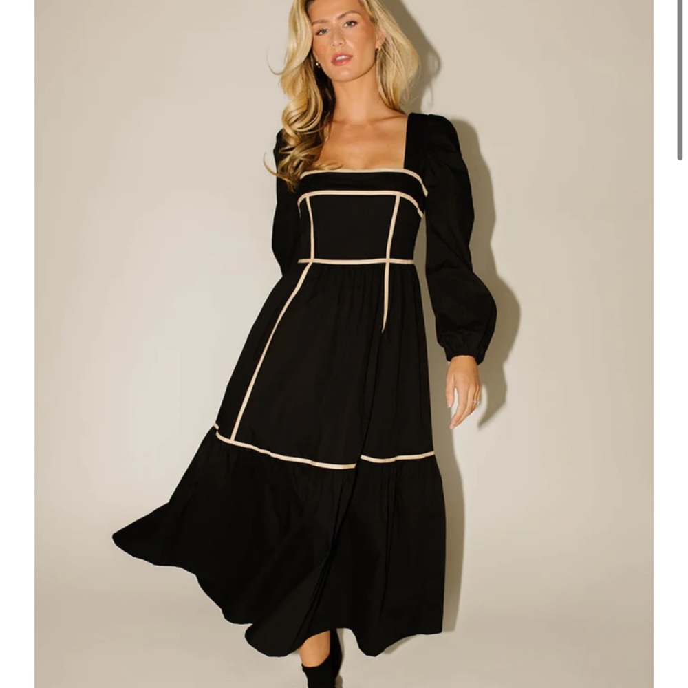 Black and White Midi Sundress with Long Bishop Sleeves for Cocktail